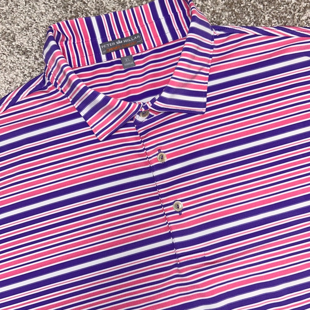 Peter Millar Summer Comfort Striped Polo Shirt Men Size XL Pink Purple Golf